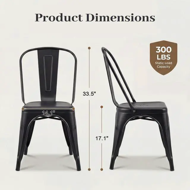 Alt view image 3 of 6 - Metal Dining Chair Stackable Indoor Outdoor Industrial Vintage Chairs Bistro Kitchen Cafe Side Chairs with Back Set of 4 (Black)