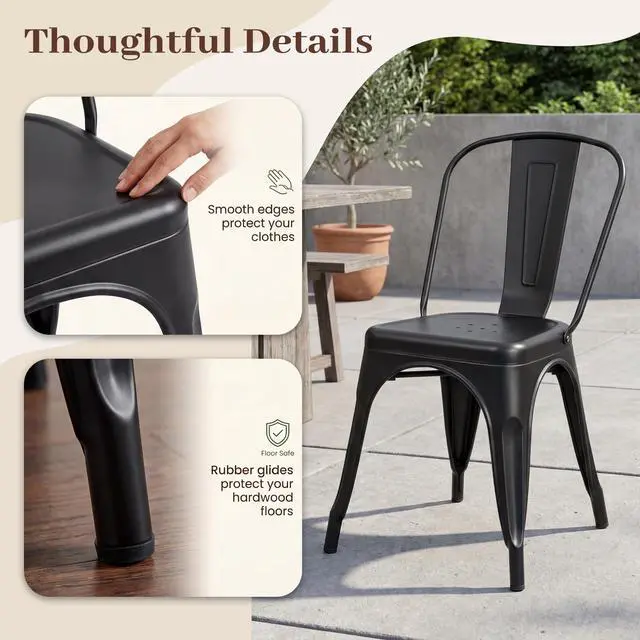 Alt view image 4 of 6 - Metal Dining Chair Stackable Indoor Outdoor Industrial Vintage Chairs Bistro Kitchen Cafe Side Chairs with Back Set of 4 (Black)