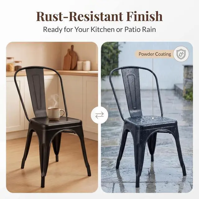 Alt view image 6 of 6 - Metal Dining Chair Stackable Indoor Outdoor Industrial Vintage Chairs Bistro Kitchen Cafe Side Chairs with Back Set of 4 (Black)