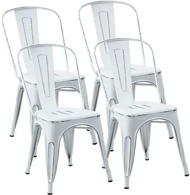 Main image of Metal Dining Chair Stackable Indoor Outdoor Industrial Vintage Chairs Bistro Kitchen Cafe Side Chairs with Back Set of 4 (Distressed White)