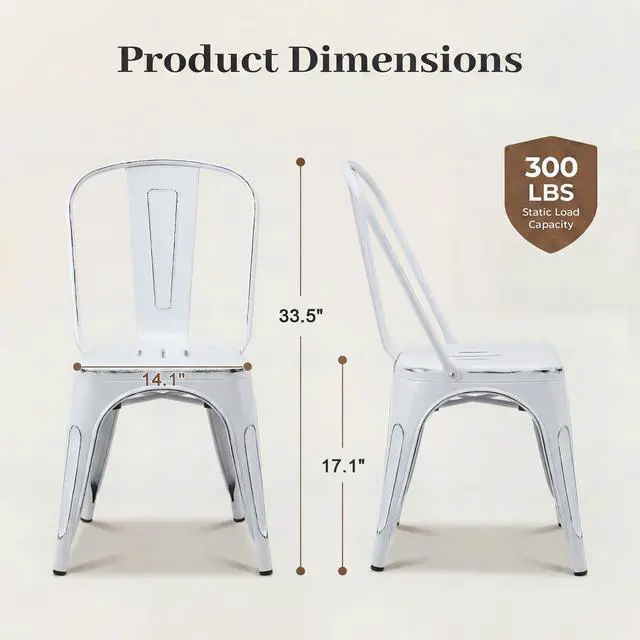 Alt view image 3 of 6 - Metal Dining Chair Stackable Indoor Outdoor Industrial Vintage Chairs Bistro Kitchen Cafe Side Chairs with Back Set of 4 (Distressed White)