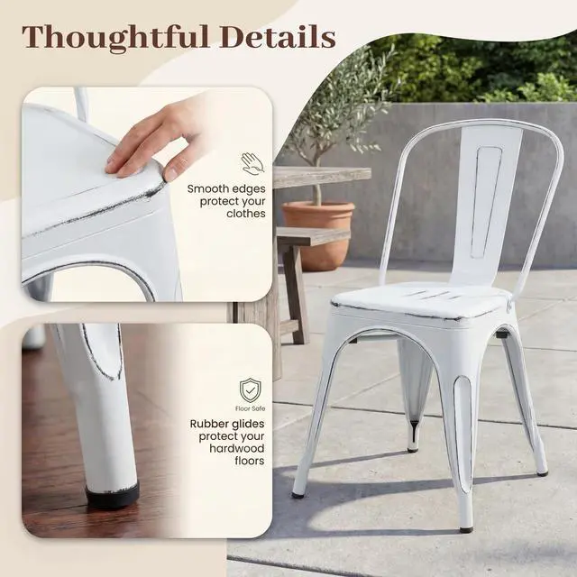 Alt view image 4 of 6 - Metal Dining Chair Stackable Indoor Outdoor Industrial Vintage Chairs Bistro Kitchen Cafe Side Chairs with Back Set of 4 (Distressed White)