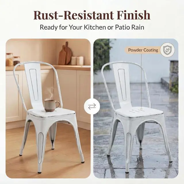 Alt view image 6 of 6 - Metal Dining Chair Stackable Indoor Outdoor Industrial Vintage Chairs Bistro Kitchen Cafe Side Chairs with Back Set of 4 (Distressed White)