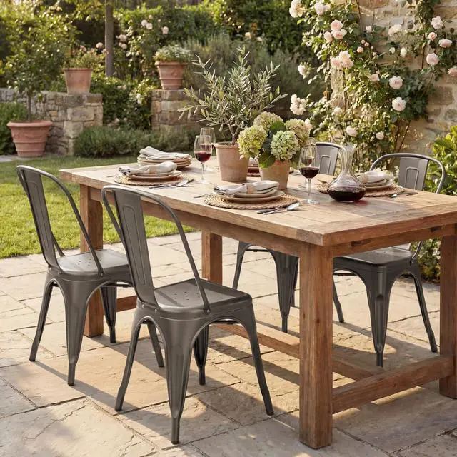 Alt view image 2 of 6 - Metal Dining Chair Stackable Indoor Outdoor Industrial Vintage Chairs Bistro Kitchen Cafe Side Chairs with Back Set of 4 (Gun)
