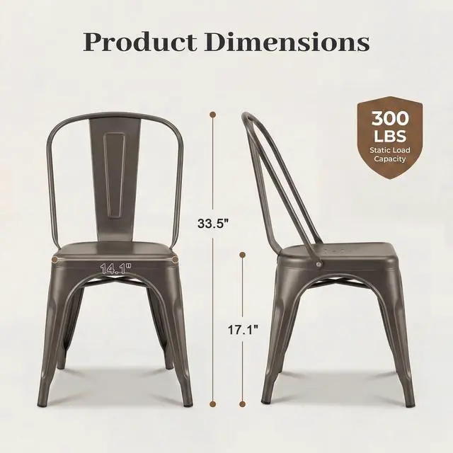 Alt view image 3 of 6 - Metal Dining Chair Stackable Indoor Outdoor Industrial Vintage Chairs Bistro Kitchen Cafe Side Chairs with Back Set of 4 (Gun)