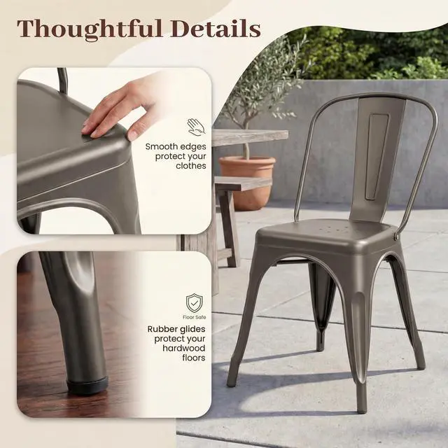 Alt view image 4 of 6 - Metal Dining Chair Stackable Indoor Outdoor Industrial Vintage Chairs Bistro Kitchen Cafe Side Chairs with Back Set of 4 (Gun)