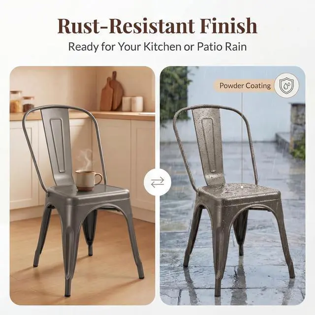 Alt view image 6 of 6 - Metal Dining Chair Stackable Indoor Outdoor Industrial Vintage Chairs Bistro Kitchen Cafe Side Chairs with Back Set of 4 (Gun)