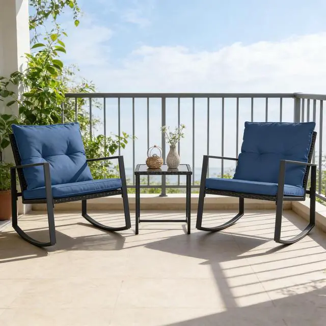 Alt view image 2 of 6 - 3-Piece Outdoor Rocking Chairs Patio Bistro Set Patio Brown Wicker Chairs with Glass Coffee Table, Dark Blue Cushion