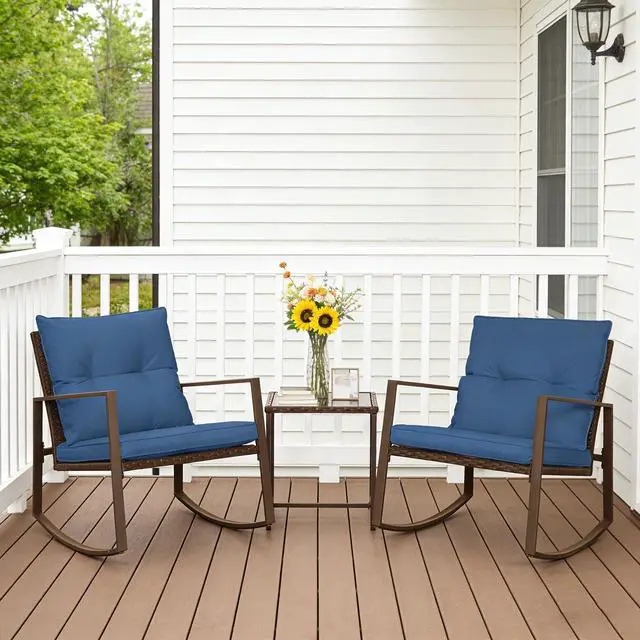 Alt view image 3 of 6 - 3-Piece Outdoor Rocking Chairs Patio Bistro Set Patio Brown Wicker Chairs with Glass Coffee Table, Dark Blue Cushion