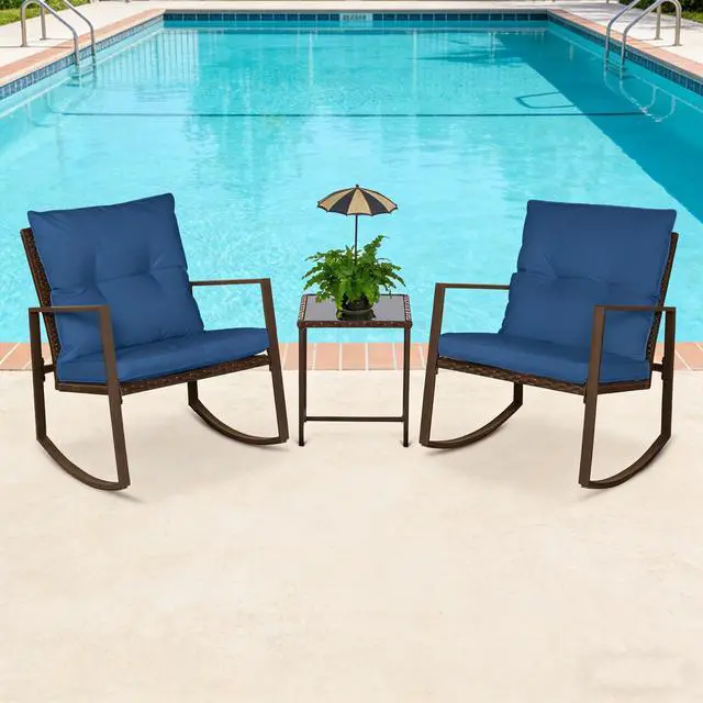 Alt view image 4 of 6 - 3-Piece Outdoor Rocking Chairs Patio Bistro Set Patio Brown Wicker Chairs with Glass Coffee Table, Dark Blue Cushion