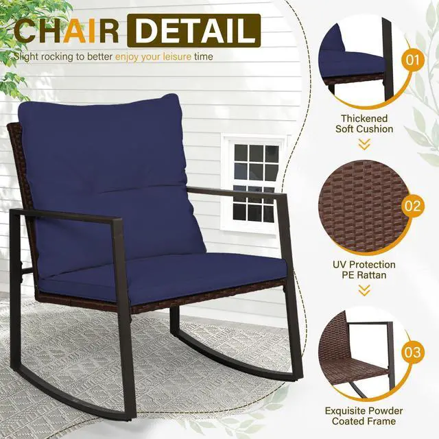 Alt view image 5 of 6 - 3-Piece Outdoor Rocking Chairs Patio Bistro Set Patio Brown Wicker Chairs with Glass Coffee Table, Dark Blue Cushion