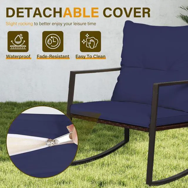 Alt view image 6 of 6 - 3-Piece Outdoor Rocking Chairs Patio Bistro Set Patio Brown Wicker Chairs with Glass Coffee Table, Dark Blue Cushion