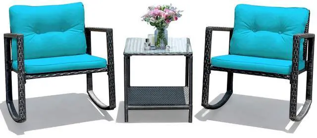 Main image of 3 Pieces Patio Wicker Rocking Bistro Set, Outdoor Rocking Chair Furniture Set w/Cushioned Seat, Conversation Set w/Glass Coffee Table and Storage Shelf (Turquoise)