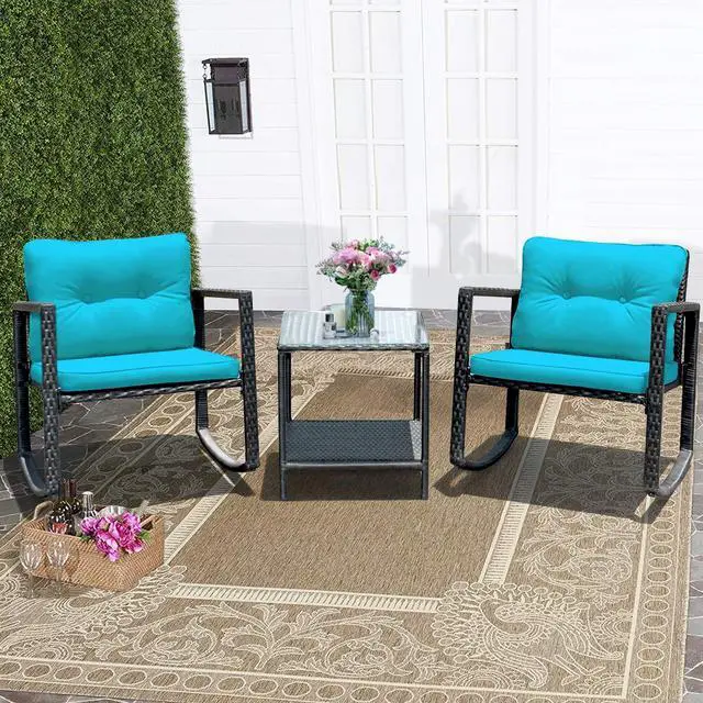 Alt view image 2 of 6 - 3 Pieces Patio Wicker Rocking Bistro Set, Outdoor Rocking Chair Furniture Set w/Cushioned Seat, Conversation Set w/Glass Coffee Table and Storage Shelf (Turquoise)