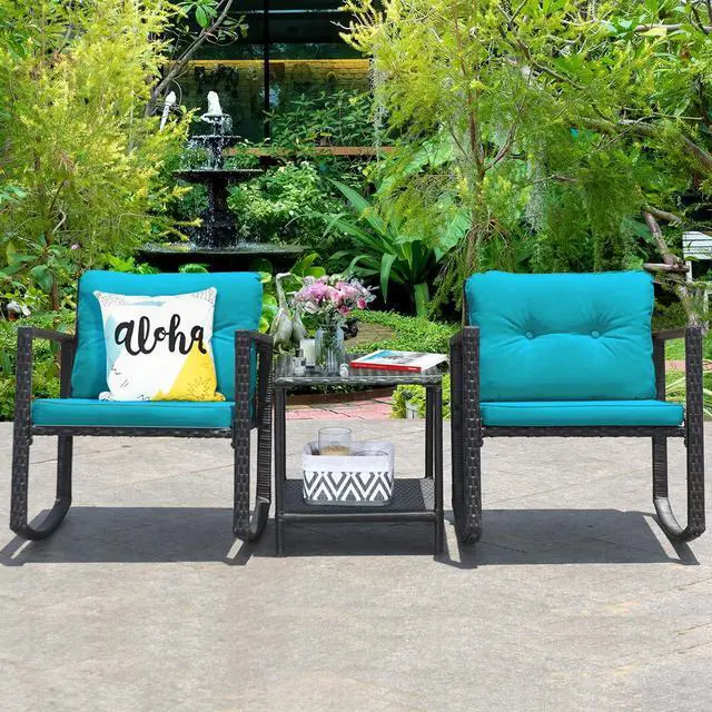 Alt view image 3 of 6 - 3 Pieces Patio Wicker Rocking Bistro Set, Outdoor Rocking Chair Furniture Set w/Cushioned Seat, Conversation Set w/Glass Coffee Table and Storage Shelf (Turquoise)