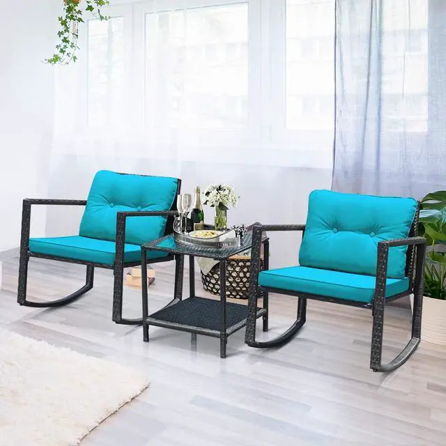 Alt view image 4 of 6 - 3 Pieces Patio Wicker Rocking Bistro Set, Outdoor Rocking Chair Furniture Set w/Cushioned Seat, Conversation Set w/Glass Coffee Table and Storage Shelf (Turquoise)