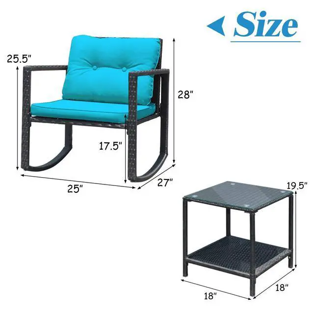 Alt view image 5 of 6 - 3 Pieces Patio Wicker Rocking Bistro Set, Outdoor Rocking Chair Furniture Set w/Cushioned Seat, Conversation Set w/Glass Coffee Table and Storage Shelf (Turquoise)