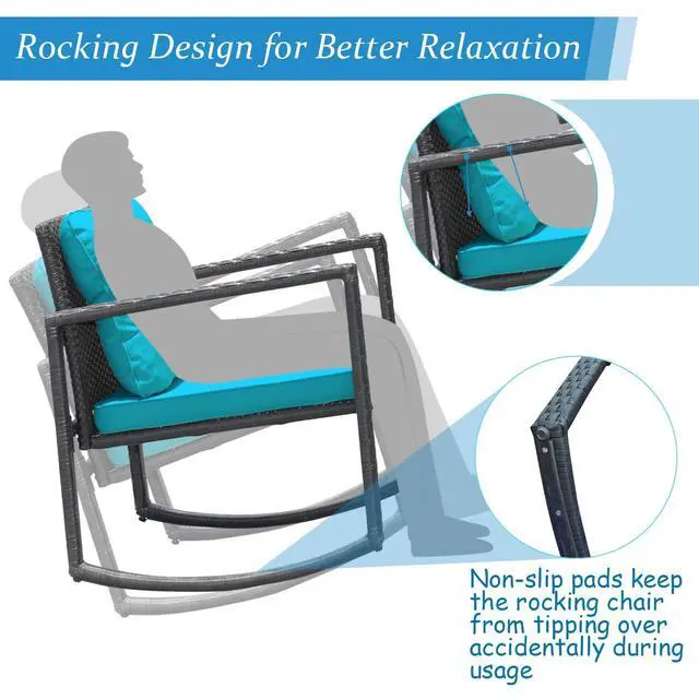 Alt view image 6 of 6 - 3 Pieces Patio Wicker Rocking Bistro Set, Outdoor Rocking Chair Furniture Set w/Cushioned Seat, Conversation Set w/Glass Coffee Table and Storage Shelf (Turquoise)