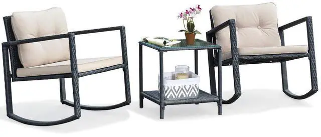 Main image of 3 Pieces Patio Wicker Rocking Set, Outdoor Rocking Chairs and Table Set with Cushions, Glass Coffee Table with Storage Shelf, Suitable for Patio, Garden, Poolside, Balcony (Beige)