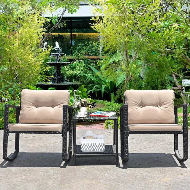 Alt view image 2 of 6 - 3 Pieces Patio Wicker Rocking Set, Outdoor Rocking Chairs and Table Set with Cushions, Glass Coffee Table with Storage Shelf, Suitable for Patio, Garden, Poolside, Balcony (Beige)
