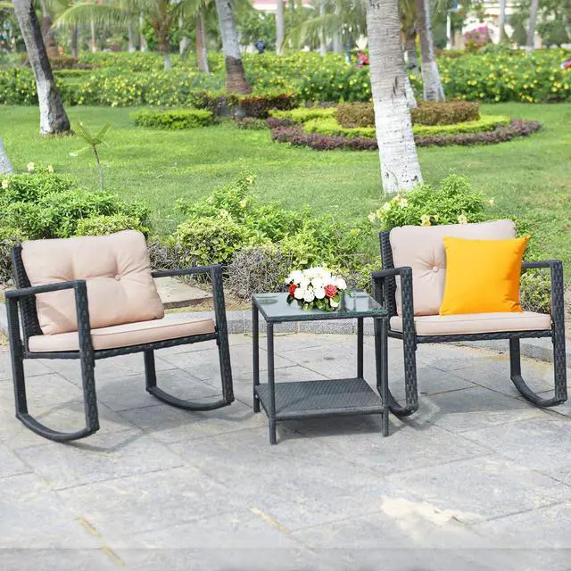 Alt view image 3 of 6 - 3 Pieces Patio Wicker Rocking Set, Outdoor Rocking Chairs and Table Set with Cushions, Glass Coffee Table with Storage Shelf, Suitable for Patio, Garden, Poolside, Balcony (Beige)