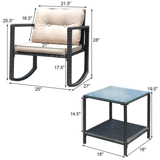 Alt view image 4 of 6 - 3 Pieces Patio Wicker Rocking Set, Outdoor Rocking Chairs and Table Set with Cushions, Glass Coffee Table with Storage Shelf, Suitable for Patio, Garden, Poolside, Balcony (Beige)