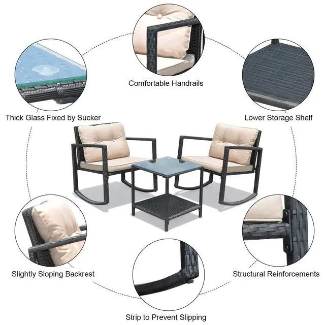 Alt view image 5 of 6 - 3 Pieces Patio Wicker Rocking Set, Outdoor Rocking Chairs and Table Set with Cushions, Glass Coffee Table with Storage Shelf, Suitable for Patio, Garden, Poolside, Balcony (Beige)