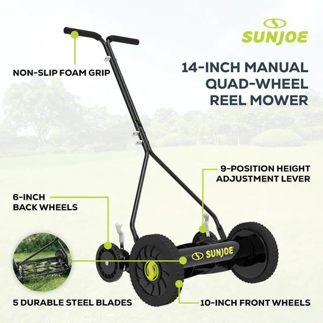 Alt view image 3 of 6 - Manual Push Reel Lawn Mower with 9 Adjustable Positions, 14-Inch Cutting Width - Heavy-Duty Yard Trimming Machine for Gardening Care and Maintenance, MJ503M