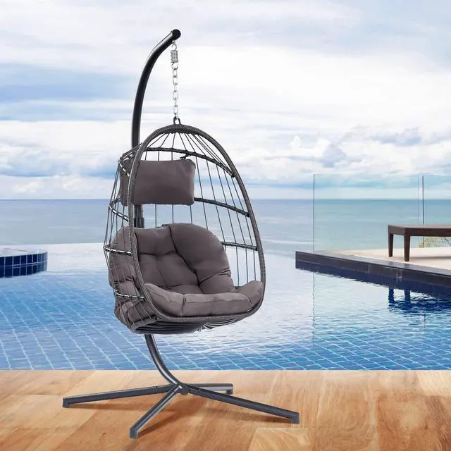 Main image of Egg Chair with Stand - Patio Rattan Wicker Hanging Swing Egg Chair Hammock Chair for Indoor Outdoor Bedroom Garden - Aluminum Steel Frame and UV Resistant Cushion 350LBS Capacity (Dark Grey)