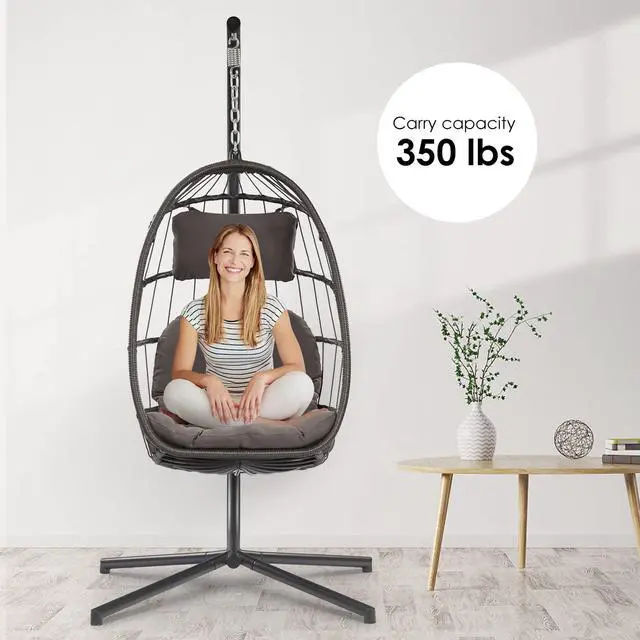 Alt view image 2 of 6 - Egg Chair with Stand - Patio Rattan Wicker Hanging Swing Egg Chair Hammock Chair for Indoor Outdoor Bedroom Garden - Aluminum Steel Frame and UV Resistant Cushion 350LBS Capacity (Dark Grey)