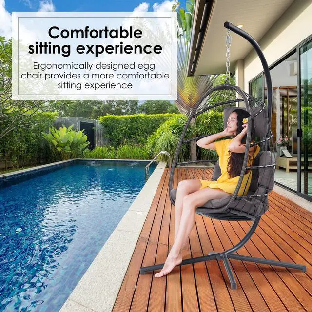 Alt view image 3 of 6 - Egg Chair with Stand - Patio Rattan Wicker Hanging Swing Egg Chair Hammock Chair for Indoor Outdoor Bedroom Garden - Aluminum Steel Frame and UV Resistant Cushion 350LBS Capacity (Dark Grey)