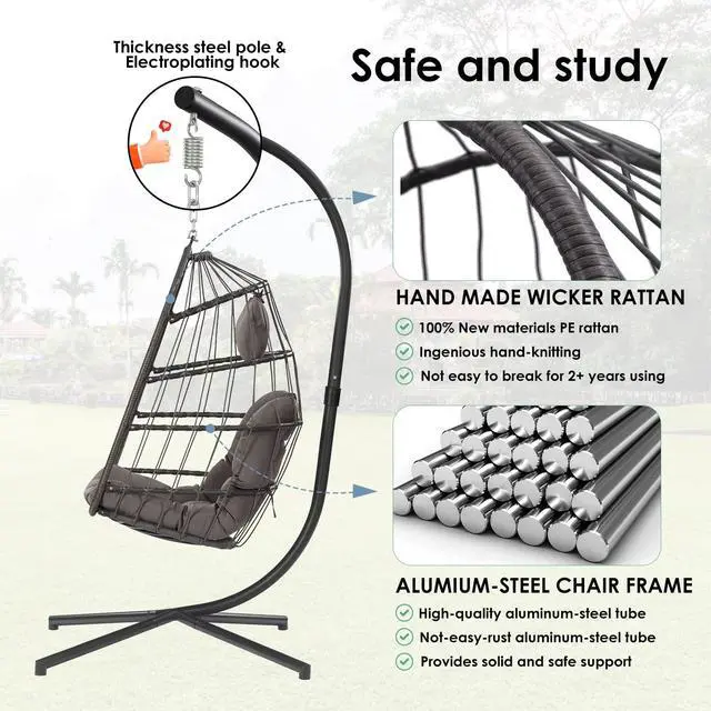 Alt view image 5 of 6 - Egg Chair with Stand - Patio Rattan Wicker Hanging Swing Egg Chair Hammock Chair for Indoor Outdoor Bedroom Garden - Aluminum Steel Frame and UV Resistant Cushion 350LBS Capacity (Dark Grey)