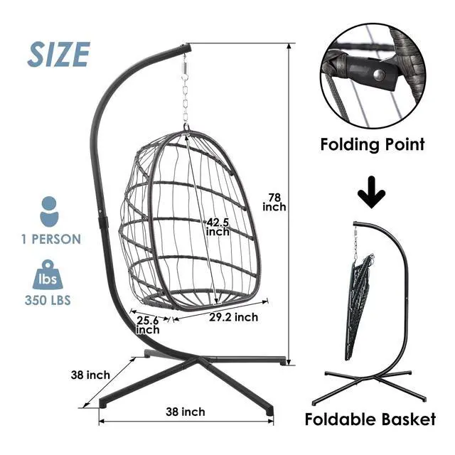 Alt view image 6 of 6 - Egg Chair with Stand - Patio Rattan Wicker Hanging Swing Egg Chair Hammock Chair for Indoor Outdoor Bedroom Garden - Aluminum Steel Frame and UV Resistant Cushion 350LBS Capacity (Dark Grey)