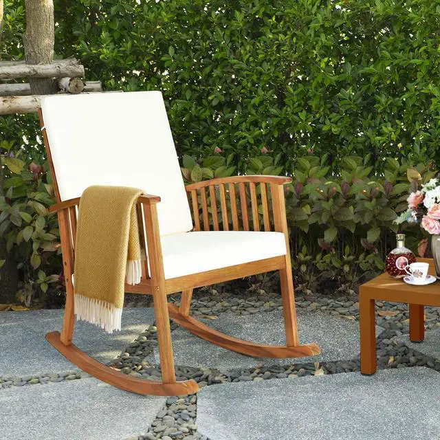 Alt view image 5 of 6 - Outdoor Acacia Wood Rocking Chair, Wooden Rocker w/Detachable Washable Cushions, Rocker for Porch Garden Patio Balcony Pool Indoor (1, Teak)