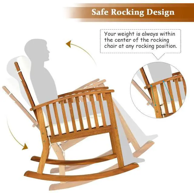 Alt view image 6 of 6 - Outdoor Acacia Wood Rocking Chair, Wooden Rocker w/Detachable Washable Cushions, Rocker for Porch Garden Patio Balcony Pool Indoor (1, Teak)