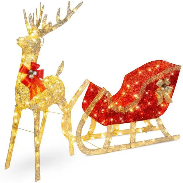 Main image of Lighted Christmas 4ft Reindeer & Sleigh Holiday Outdoor Yard Decoration Set w/ 205 LED Lights, Stakes, Zip Ties - Gold