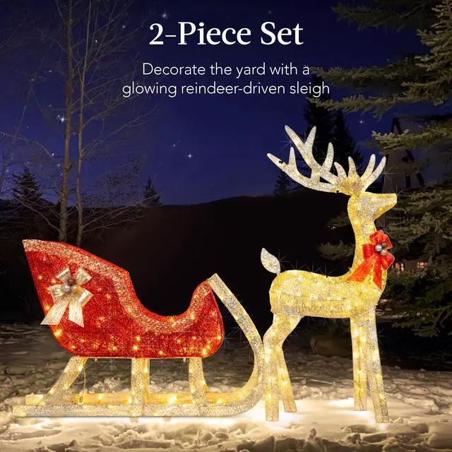 Alt view image 2 of 6 - Lighted Christmas 4ft Reindeer & Sleigh Holiday Outdoor Yard Decoration Set w/ 205 LED Lights, Stakes, Zip Ties - Gold