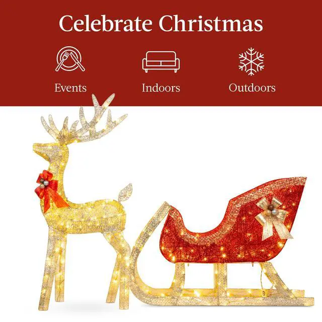 Alt view image 3 of 6 - Lighted Christmas 4ft Reindeer & Sleigh Holiday Outdoor Yard Decoration Set w/ 205 LED Lights, Stakes, Zip Ties - Gold