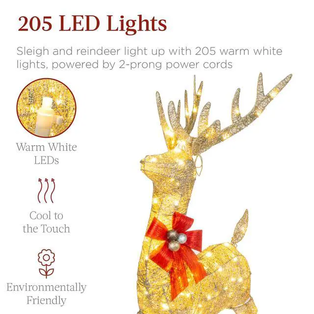 Alt view image 4 of 6 - Lighted Christmas 4ft Reindeer & Sleigh Holiday Outdoor Yard Decoration Set w/ 205 LED Lights, Stakes, Zip Ties - Gold