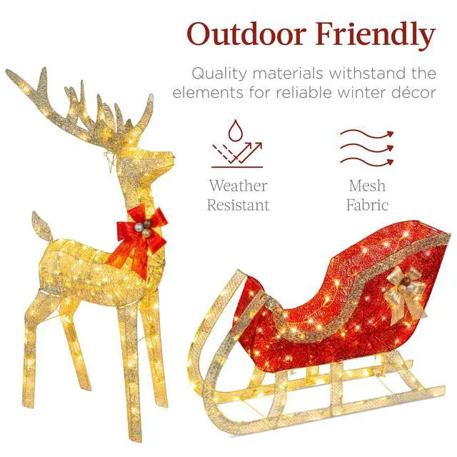 Alt view image 5 of 6 - Lighted Christmas 4ft Reindeer & Sleigh Holiday Outdoor Yard Decoration Set w/ 205 LED Lights, Stakes, Zip Ties - Gold