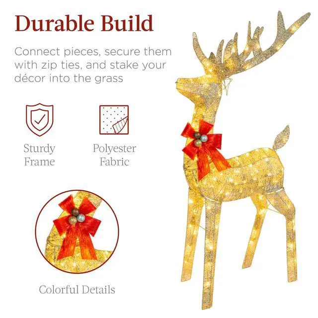 Alt view image 6 of 6 - Lighted Christmas 4ft Reindeer & Sleigh Holiday Outdoor Yard Decoration Set w/ 205 LED Lights, Stakes, Zip Ties - Gold