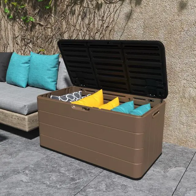 Alt view image 2 of 6 - Resin Deck Storage Box, 85 Gallon Outdoor Storage Box Waterproof for Garden Storage,Patio and Backyard, Lockable Brown Color