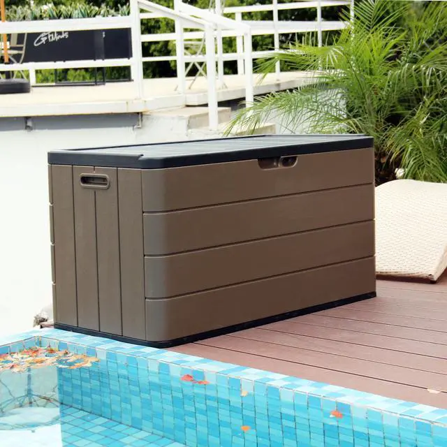 Alt view image 3 of 6 - Resin Deck Storage Box, 85 Gallon Outdoor Storage Box Waterproof for Garden Storage,Patio and Backyard, Lockable Brown Color