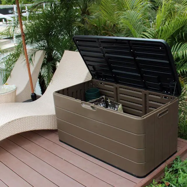Alt view image 4 of 6 - Resin Deck Storage Box, 85 Gallon Outdoor Storage Box Waterproof for Garden Storage,Patio and Backyard, Lockable Brown Color