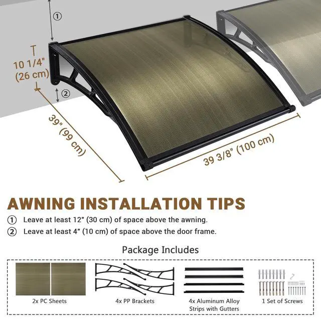 Alt view image 4 of 6 - 2Pcs 40"X40" Window Patio Awning w/ 2" Rain Gutter Polycarbonate Canopy Anti-UV50+ Cover Front Door Outdoor Yard Rain Snow Sunlight Protection Hollow Sheet Brown Board