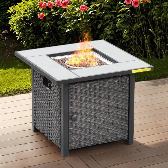 Main image of 30 Inch Outdoor Patio Fire Pit Table, 50,000 BTU Heater PE Rattan Propane Firepits with Ceramic Tabletop, Waterproof Cover, Steel Lid and Lava Rock, Square, Brown