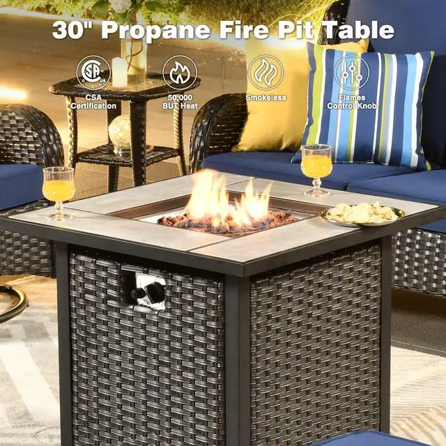 Alt view image 2 of 6 - 30 Inch Outdoor Patio Fire Pit Table, 50,000 BTU Heater PE Rattan Propane Firepits with Ceramic Tabletop, Waterproof Cover, Steel Lid and Lava Rock, Square, Brown
