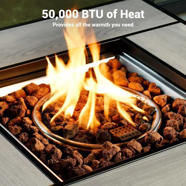 Alt view image 3 of 6 - 30 Inch Outdoor Patio Fire Pit Table, 50,000 BTU Heater PE Rattan Propane Firepits with Ceramic Tabletop, Waterproof Cover, Steel Lid and Lava Rock, Square, Brown