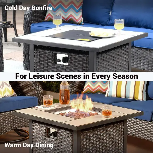 Alt view image 6 of 6 - 30 Inch Outdoor Patio Fire Pit Table, 50,000 BTU Heater PE Rattan Propane Firepits with Ceramic Tabletop, Waterproof Cover, Steel Lid and Lava Rock, Square, Brown