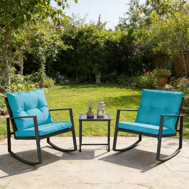 Alt view image 2 of 6 - 3-Piece Patio Bistro Set Outdoor Rocking Chairs Set Black Wicker Porch Chairs with Glass Coffee Table, Light Blue Cushion